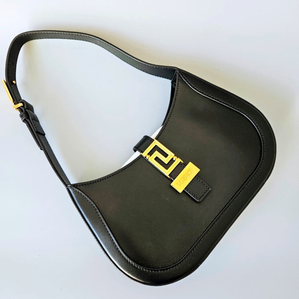 VERSACE GRECA GODDESS Small Hobo Bag Black Leather
